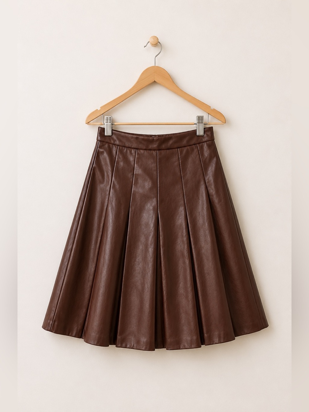 Ann Taylor Vegan Leather Midi Skirt Brown High Waist Pleated 8P Soft Lining